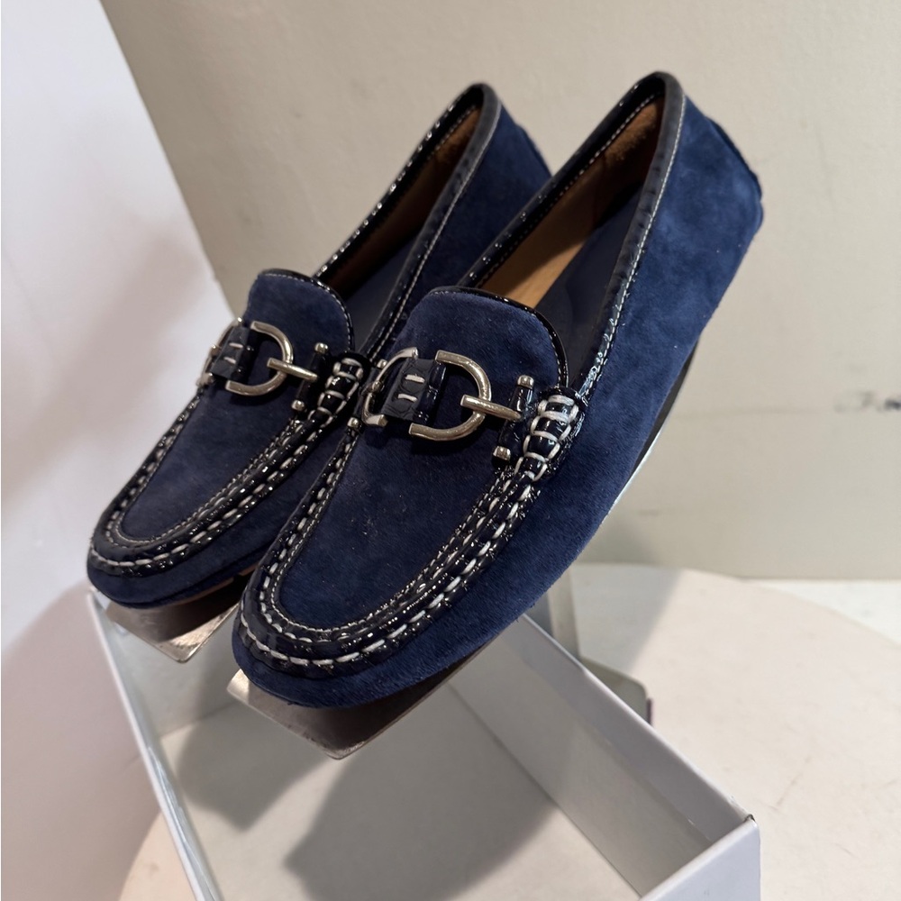 Donald J. Pliner Navy Suede Bit Loafers with Silver-Tone Hardware